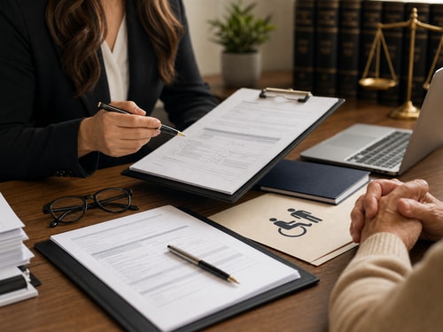 Atendimento com documentos e notebook, imagem sobre regras do BPC